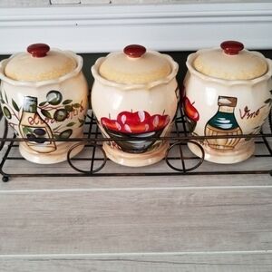 Casa Elite Hand Painted 3 Ceramic Canisters and Rack Kitchen Decor italian theme